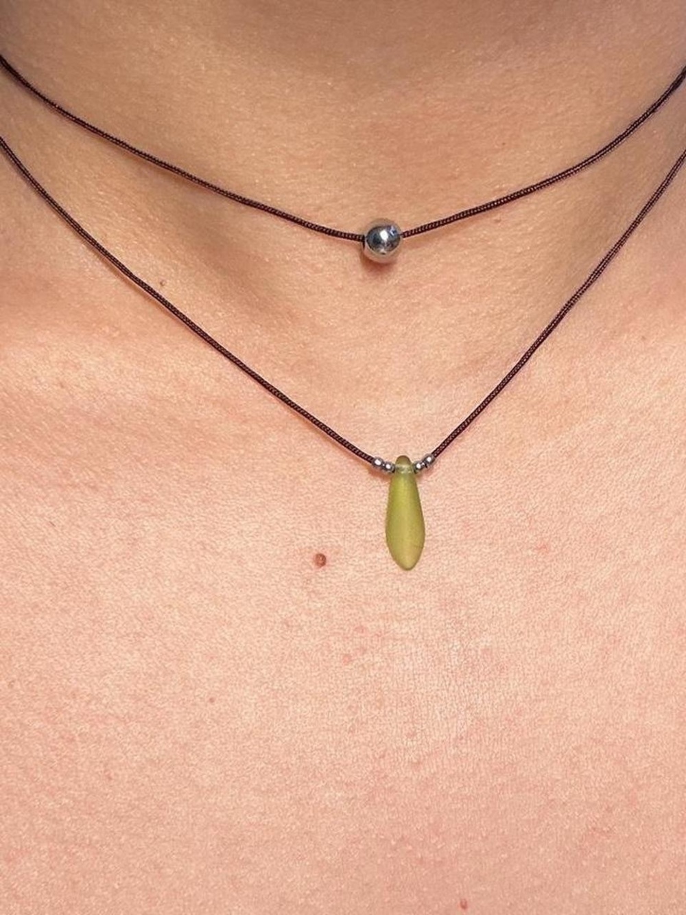 Handmade Olive Czech Glass Teardrop & Stainless Steel Layering Necklace Set